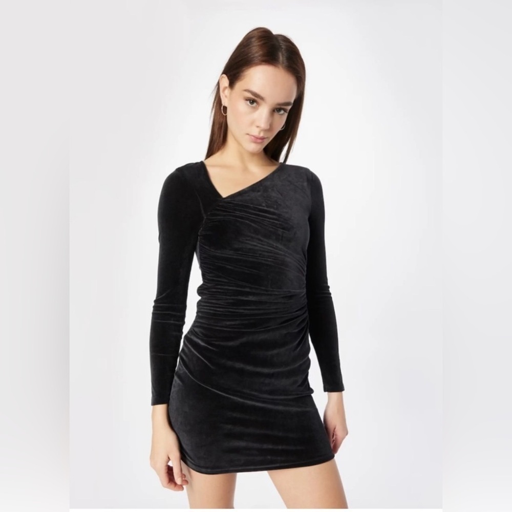 Abercrombie & Fitch Velvet Ruched Asymmetrical Neck Long Sleeve Mini Dress XL